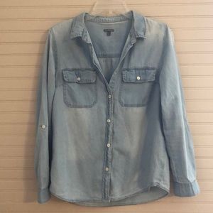 Distressed denim button up